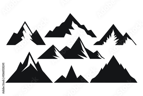 Set of mountain silhouette vector icon. Rocky peaks. Mountains ranges. Black and white mountain icon