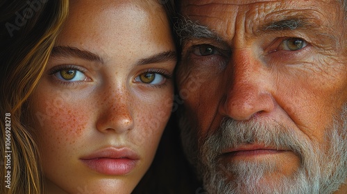 Young woman and old man showing different generations and aging process