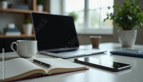 Modern Workspace with Laptop and Open Notebook on Desk 