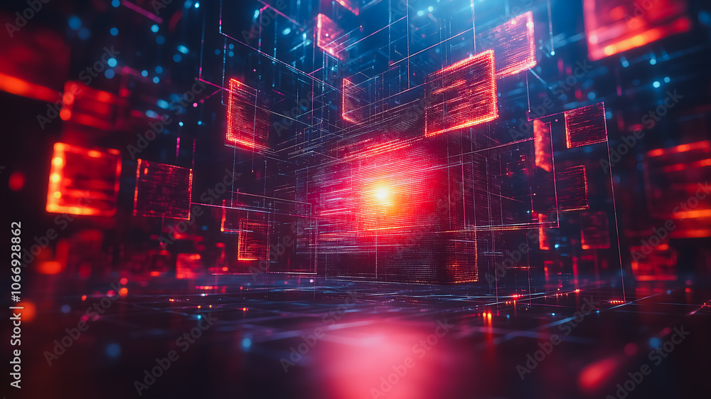 The image is a computer-generated scene of a room with a red and blue light display. The room is empty, and the lights are on, creating a bright and colorful atmosphere The image is a computer-generated scene of a room with a red and blue light display. The room is empty, and the lights are on, creating a bright and colorful atmosphere
