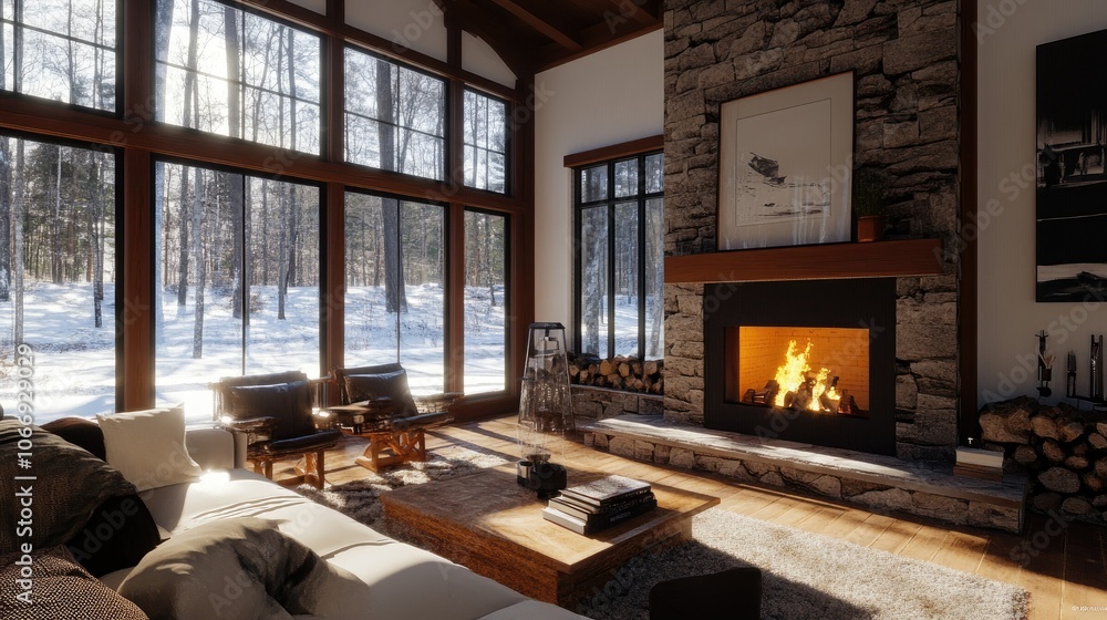 Fototapeta premium Cozy Living Room with Fireplace in Winter Wonderland