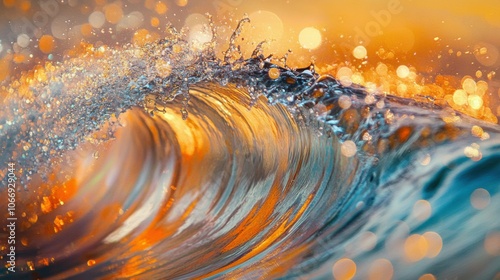 a mesmerizing image of an underwater wave, radiating orange hues and flowing motion lines, blending pointillism with cityscape elements, enhanced by bokeh effects and vivid colors. photo