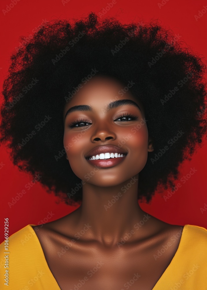 A woman with a big smile on her face is wearing a yellow shirt A woman with a big smile on her face is wearing a yellow shirt