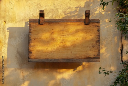 Brown wooden billboard on a cream-colored wall bathed in golden sunset light, evoking warmth and a sense of nostalgia in a charming environment