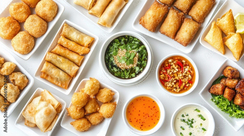 Varied assortment of Asian appetizers on a white table Varied assortment of Asian appetizers on a white table