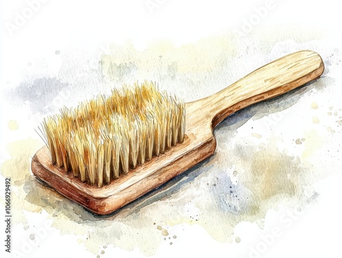 A watercolor painting of a wooden scrub brush with natural bristles, showcasing a rustic cleaning tool with soft earthy tones.