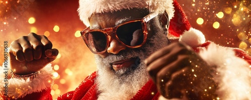 Cool black santa claus wearing sunglasses and dancing with sparkling background