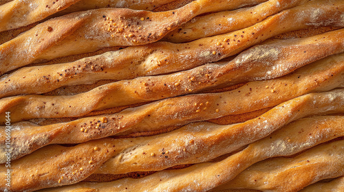 Cluster of freshly baked bread sticks sprinkled with seeds, arranged in a close-up shot that highlights their crunchy texture and golden color.