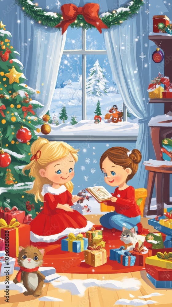 Two little girls happily celebrate Christmas, they tell stories and the kitten plays Two little girls happily celebrate Christmas, they tell stories and the kitten plays