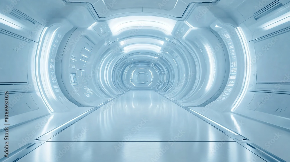 Fototapeta premium A futuristic, white, and clean spaceship corridor with glowing lights.