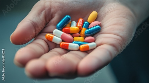 Close-up of medicines in the palm. In the palm of your hand there are many pills of different colors, shapes and sizes. The concept of taking medications to alleviate the course of the disease