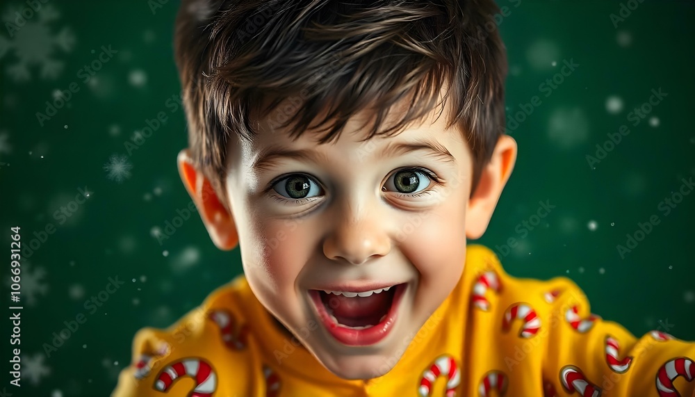 Boy in yellow Christmas pajamas waking up to snow on Christmas day with copy space