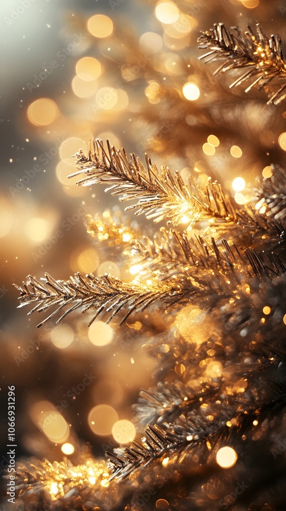 Fototapeta premium Close-up of shimmering golden Christmas tree branches with sparkling lights.