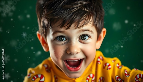 Boy in yellow Christmas pajamas waking up to snow on Christmas day with copy space