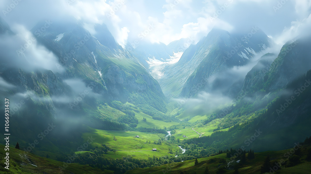 Fototapeta premium Stunning alpine scenery featuring a vibrant valley and impressive mountain range backdrop