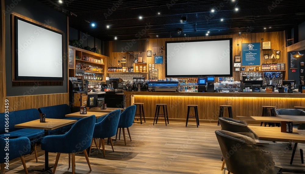 Digital signage screens in a modern café during the morning hours Digital signage screens in a modern café during the morning hours