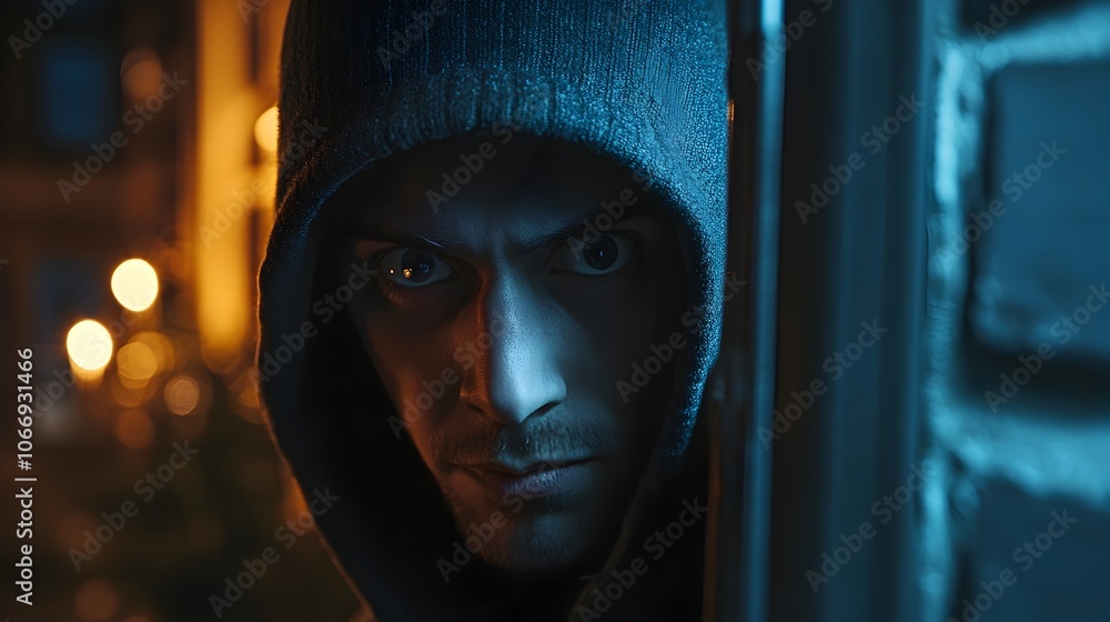 Suspicious Hooded Burglar Caught on CCTV at Night Highlighting Home Security Effectiveness Suspicious Hooded Burglar Caught on CCTV at Night Highlighting Home Security Effectiveness