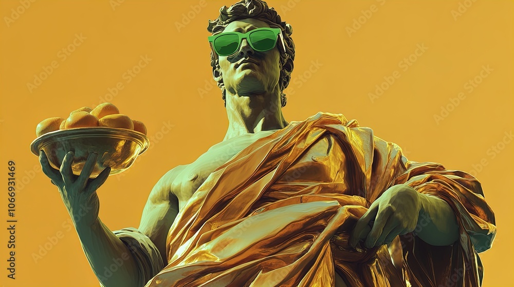 Obraz premium Vibrant Heroic Statue with Green Sunglasses and Golden Tunic: Perfect for Sports Interior Posters or Creative Art Displays!