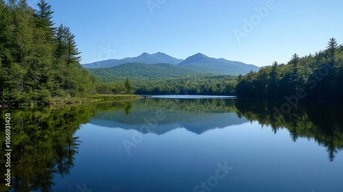 A calm, blue lake with green trees on the shore and two mountains in the distance, reflected in the water.