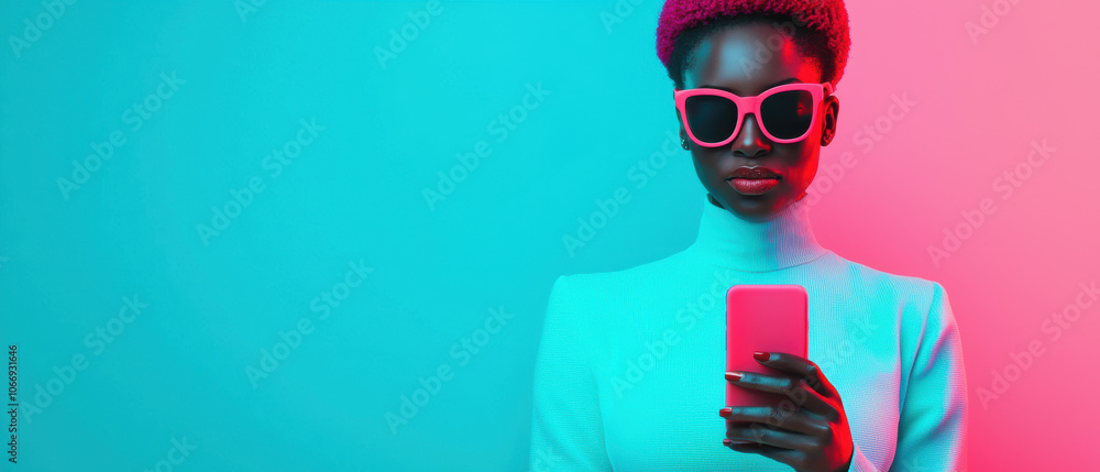 Stylish individual in vibrant shades, wearing sunglasses and holding a phone against a colorful backdrop, showcasing modern fashion and digital engagement. Stylish individual in vibrant shades, wearing sunglasses and holding a phone against a colorful backdrop, showcasing modern fashion and digital engagement.