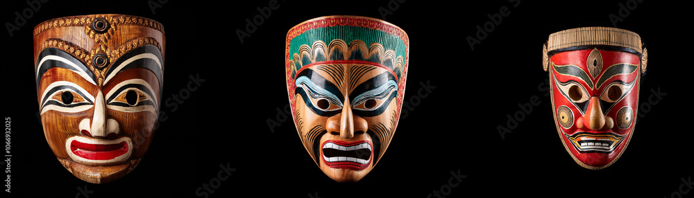 Three intricately carved masks with colorful designs are isolated against a black background. Three intricately carved masks with colorful designs are isolated against a black background.