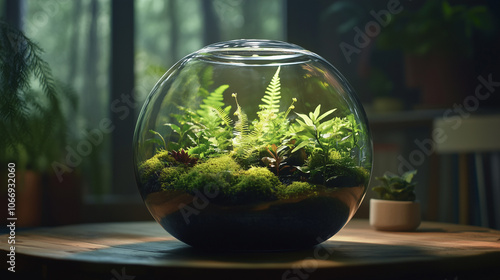  Closed terrarium with lush ferns and moss on tabletop