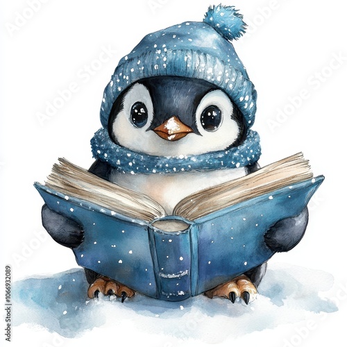Adorable watercolor illustration of a penguin in a cozy hat and scarf, reading a book in the snow, capturing winter charm on a white background.