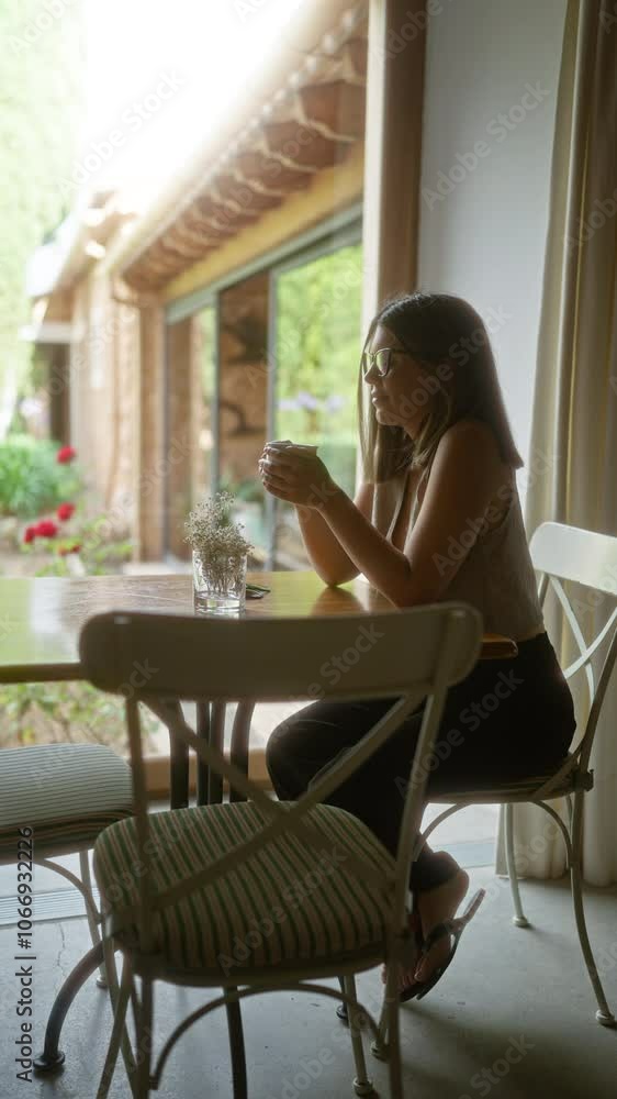 Young woman wearing glasses sits indoors at a cozy cafe table with a cup of coffee and a vase of flowers, enjoying the serene ambiance with large windows offering a view of the lush garden outside Young woman wearing glasses sits indoors at a cozy cafe table with a cup of coffee and a vase of flowers, enjoying the serene ambiance with large windows offering a view of the lush garden outside