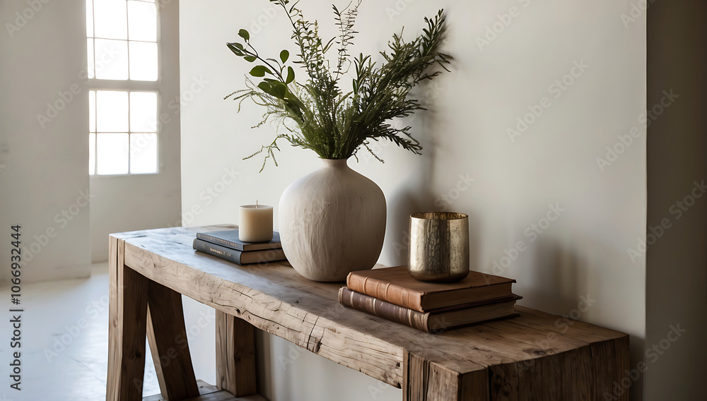 Clean, organized console table featuring natural tones and organic shapes, creating a calm and aesthetic space. Clean, organized console table featuring natural tones and organic shapes, creating a calm and aesthetic space.
