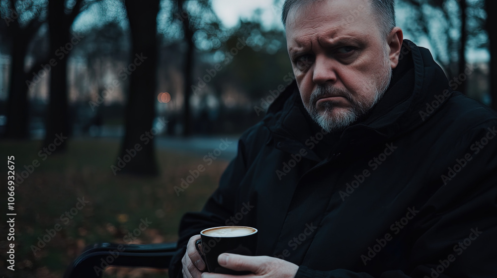 Middle-Aged Man with a Slight Tremor Holding a Cup of Coffee on a Park Bench, Symbolizing the Struggle with Parkinson's Disease in a Calm Natural Setting Middle-Aged Man with a Slight Tremor Holding a Cup of Coffee on a Park Bench, Symbolizing the Struggle with Parkinson's Disease in a Calm Natural Setting