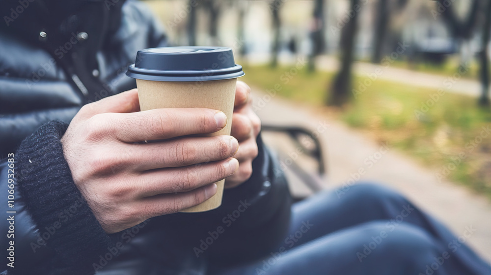 Middle-Aged Man with a Slight Tremor Holding a Cup of Coffee on a Park Bench, Symbolizing the Struggle with Parkinson's Disease in a Calm Natural Setting Middle-Aged Man with a Slight Tremor Holding a Cup of Coffee on a Park Bench, Symbolizing the Struggle with Parkinson's Disease in a Calm Natural Setting
