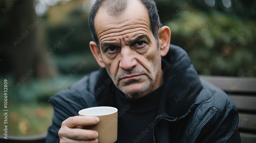 Middle-Aged Man with a Slight Tremor Holding a Cup of Coffee on a Park Bench, Symbolizing the Struggle with Parkinson's Disease in a Calm Natural Setting Middle-Aged Man with a Slight Tremor Holding a Cup of Coffee on a Park Bench, Symbolizing the Struggle with Parkinson's Disease in a Calm Natural Setting