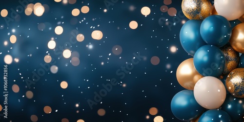 Festive balloons with shimmering gold and blue colors against a dark background, creating a celebratory atmosphere.