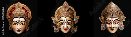 Three ornate masks are isolated against a black background.