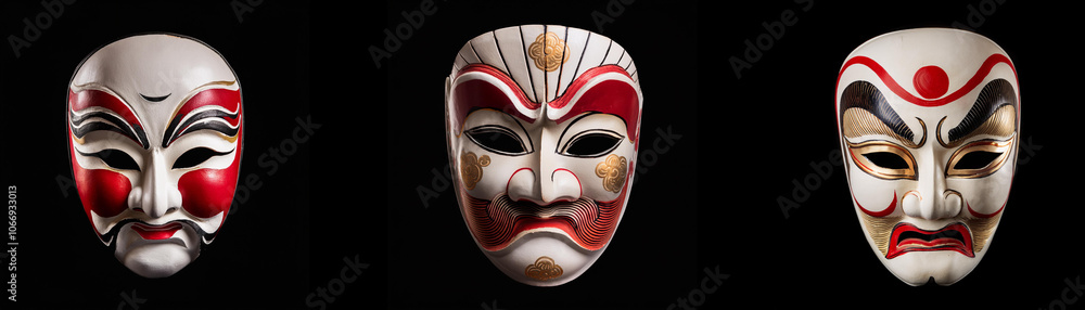 Three traditional Japanese masks isolated on a black background. Three traditional Japanese masks isolated on a black background.
