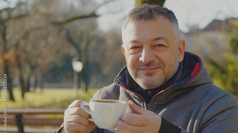 Middle-Aged Man with a Slight Tremor Holding a Cup of Coffee on a Park Bench, Symbolizing the Struggle with Parkinson's Disease in a Calm Natural Setting Middle-Aged Man with a Slight Tremor Holding a Cup of Coffee on a Park Bench, Symbolizing the Struggle with Parkinson's Disease in a Calm Natural Setting