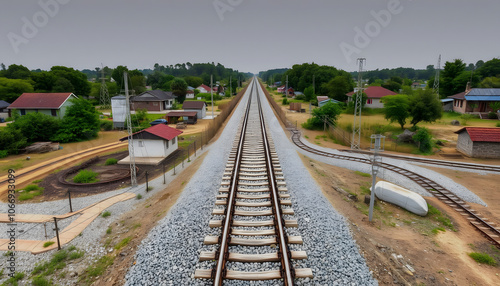 Aerial shot of railway track in the middle of village isolated with white shades, png photo