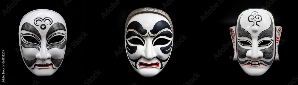 Three black and white masks with intricate designs are isolated against a black background. Three black and white masks with intricate designs are isolated against a black background.