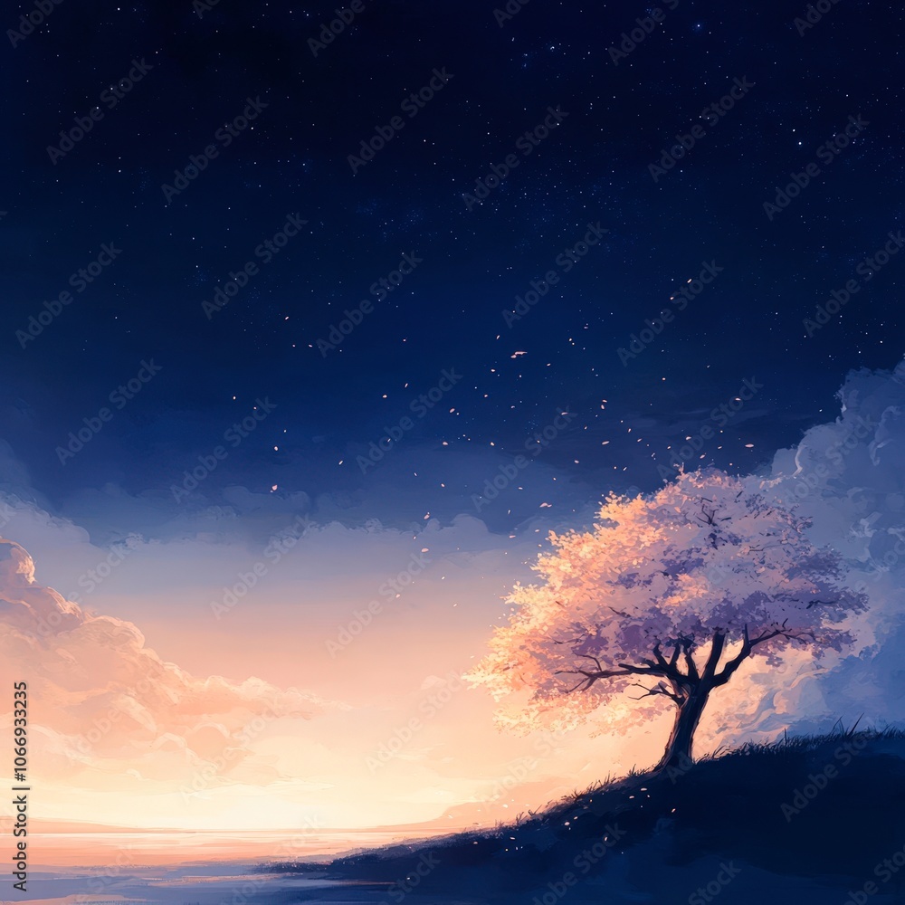 A tranquil scene featuring a lone tree under a starry sky at dusk, with soft colors blending into the horizon, Ideal for use in wellness, mindfulness, or nature-themed projects, A tranquil scene featuring a lone tree under a starry sky at dusk, with soft colors blending into the horizon, Ideal for use in wellness, mindfulness, or nature-themed projects,