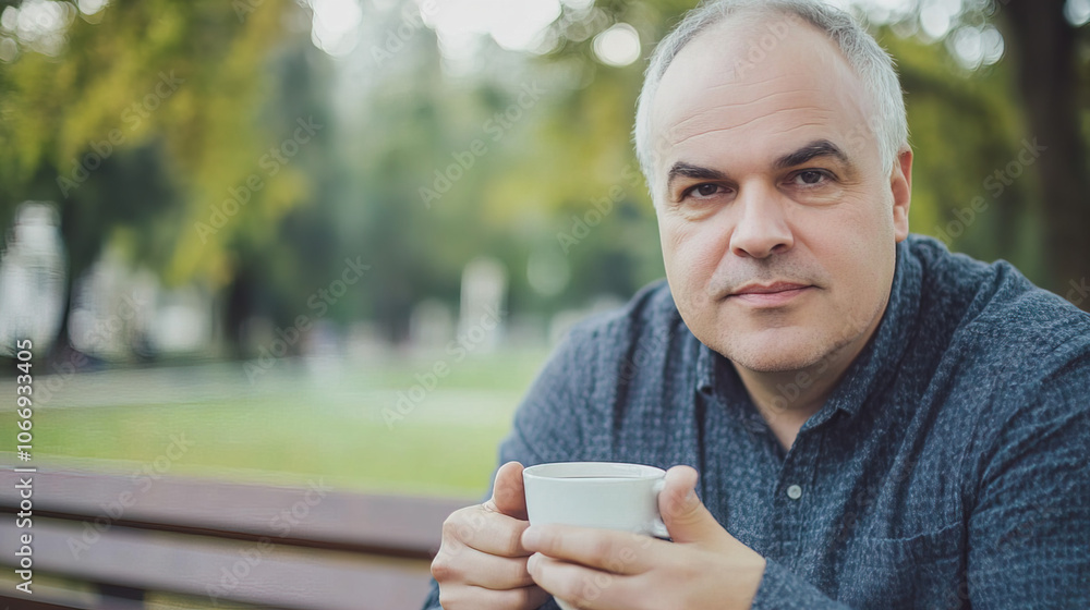 Middle-Aged Man with a Slight Tremor Holding a Cup of Coffee on a Park Bench, Symbolizing the Struggle with Parkinson's Disease in a Calm Natural Setting Middle-Aged Man with a Slight Tremor Holding a Cup of Coffee on a Park Bench, Symbolizing the Struggle with Parkinson's Disease in a Calm Natural Setting