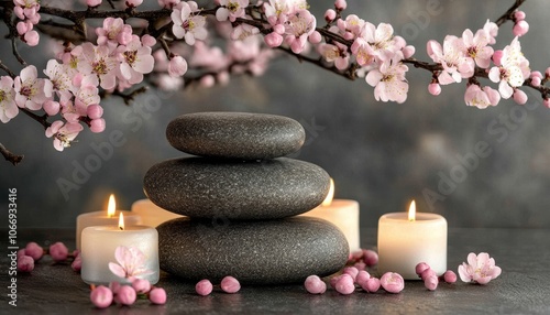 Relaxing zen spa setup with candles and smooth stones amidst cherry blossoms