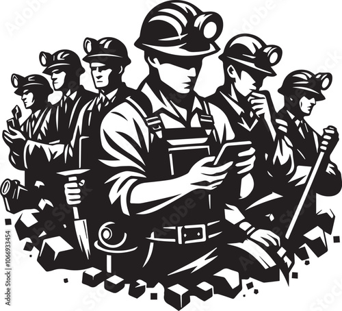 Team of Coal Miners Working Together in Unity. A striking black and white illustration of a team of coal miners.