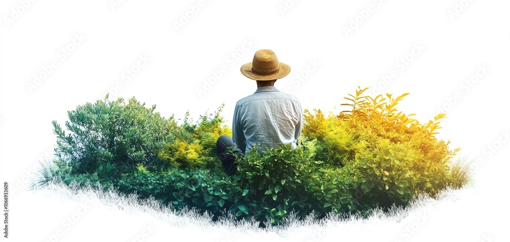Man relaxing in nature with vibrant plants on white background Man relaxing in nature with vibrant plants on white background