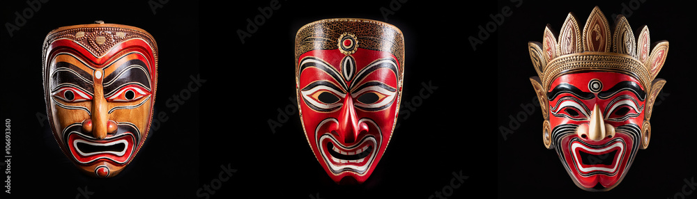 Three intricately carved masks with prominent features, isolated against a black backdrop. Three intricately carved masks with prominent features, isolated against a black backdrop.