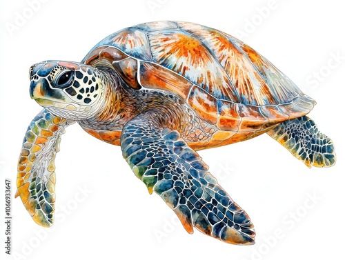 Detailed watercolor illustration of a vibrant sea turtle with intricate shell patterns and textured flippers, set against a white background. photo