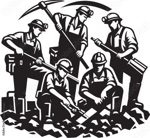 Team of Coal Miners Working Together in Unity. A striking black and white illustration of a team of coal miners.