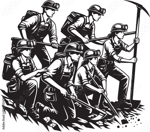 Team of Coal Miners Working Together in Unity. A striking black and white illustration of a team of coal miners.