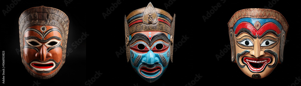 Three colorful masks are isolated against a black background. Three colorful masks are isolated against a black background.