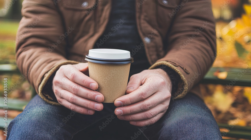 Middle-Aged Man with a Slight Tremor Holding a Cup of Coffee on a Park Bench, Symbolizing the Struggle with Parkinson's Disease in a Calm Natural Setting Middle-Aged Man with a Slight Tremor Holding a Cup of Coffee on a Park Bench, Symbolizing the Struggle with Parkinson's Disease in a Calm Natural Setting