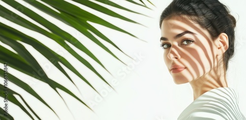 Beautiful woman with a palm leaf on a white background, with ample copy space for text